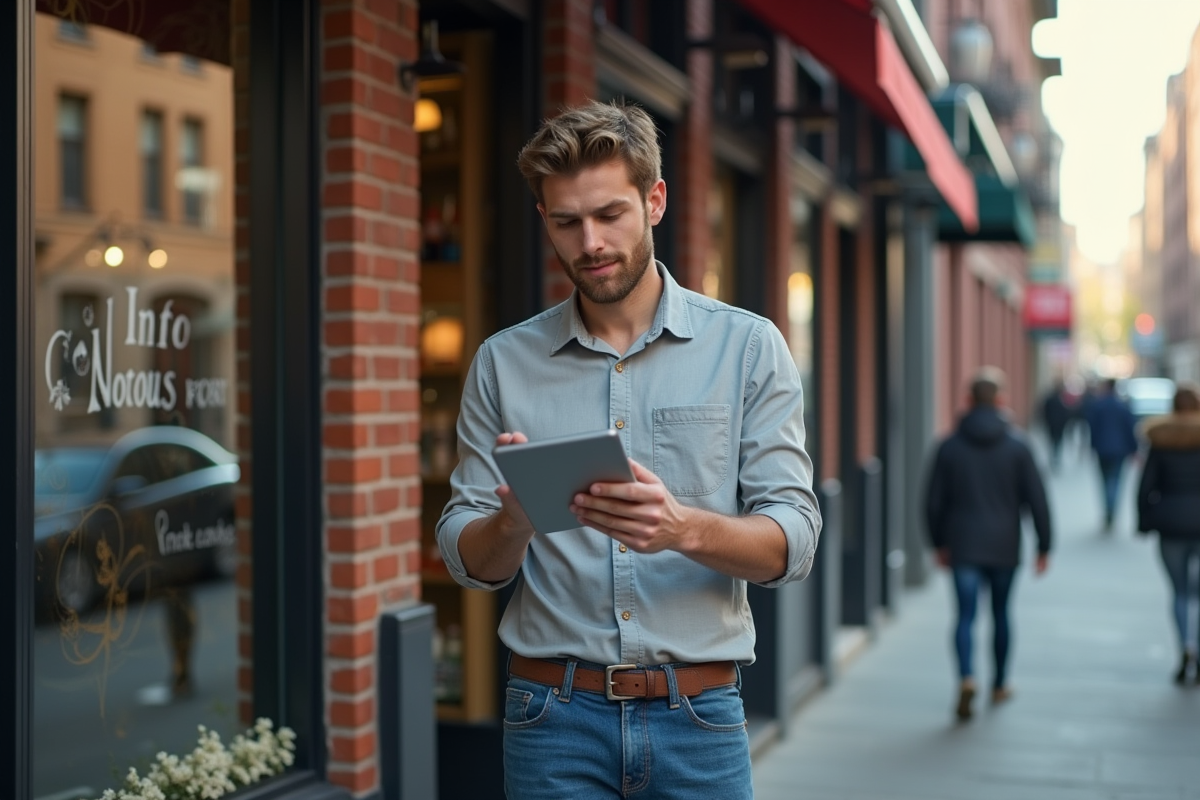 Jeune homme vérifiant des analyses devant une boutique urbaine