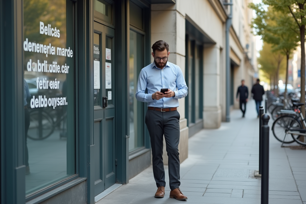 Jeune homme vérifie son téléphone devant agence emploi