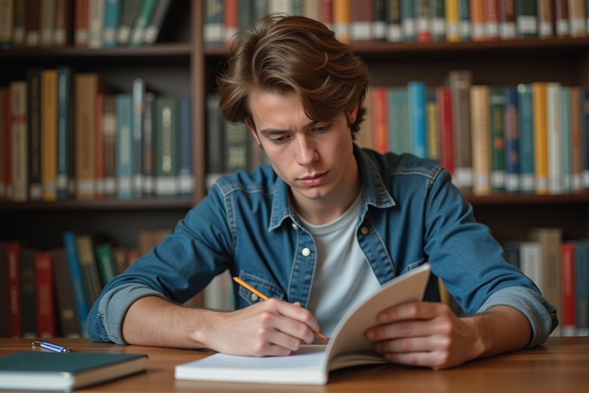 Jeune homme étudiant un livre de droit du travail à la bibliothèque