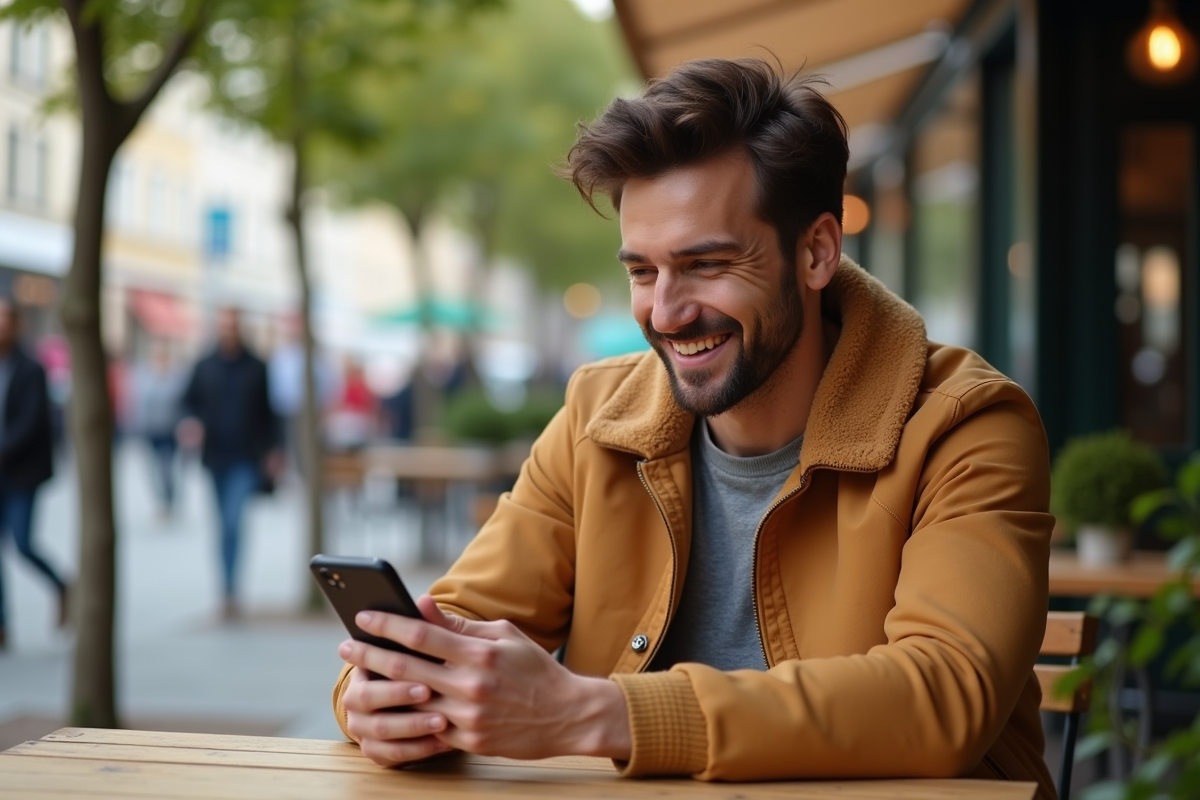 Jeune influenceur en terrasse de café en streetwear