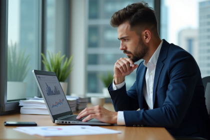 Jeune homme professionnel examinant des graphiques SEO sur son ordinateur