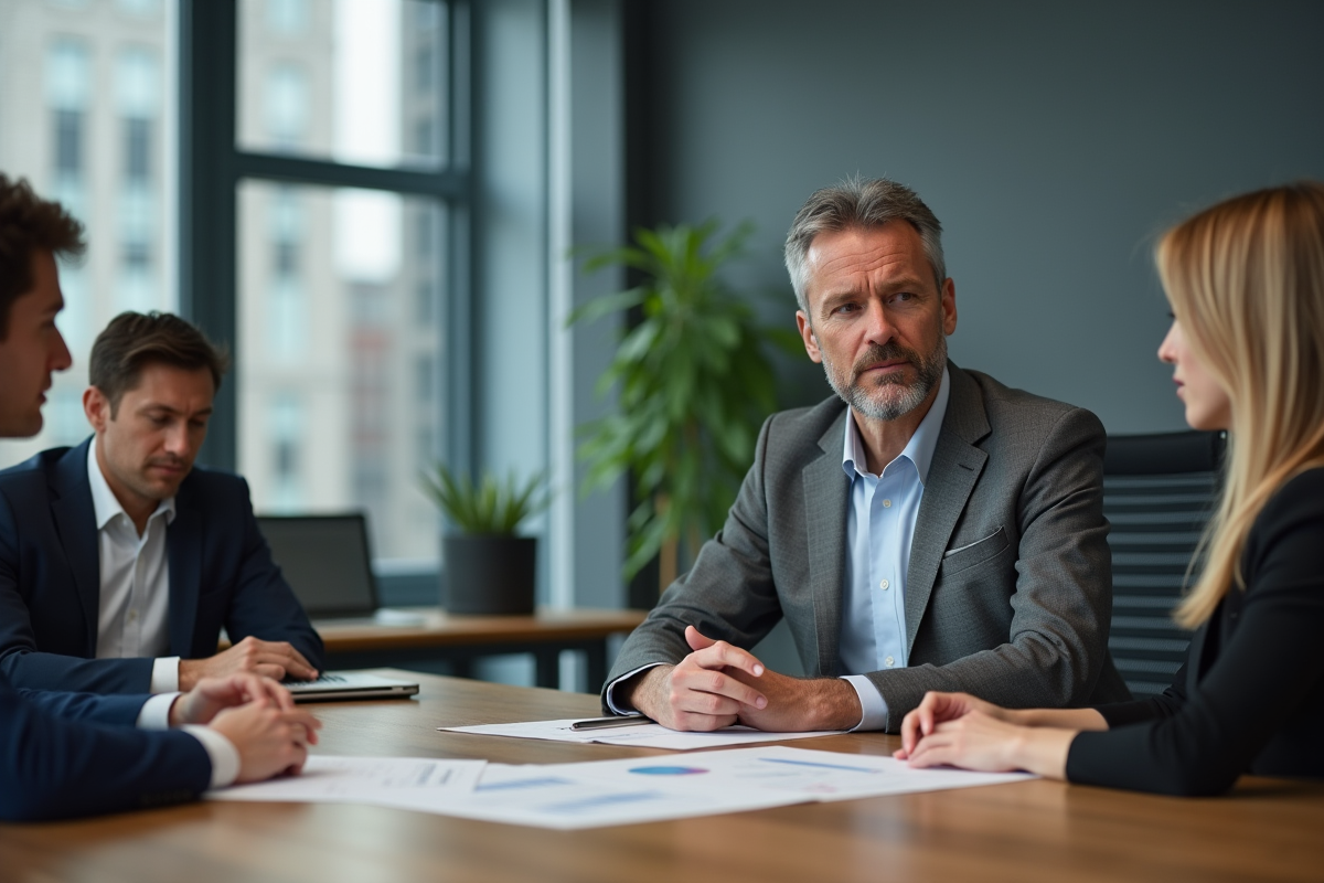 Homme en veste grise négociant avec une femme en réunion