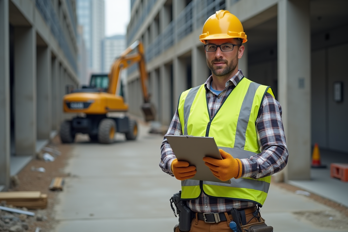 Ouvrier de construction en tenue de sécurité sur site