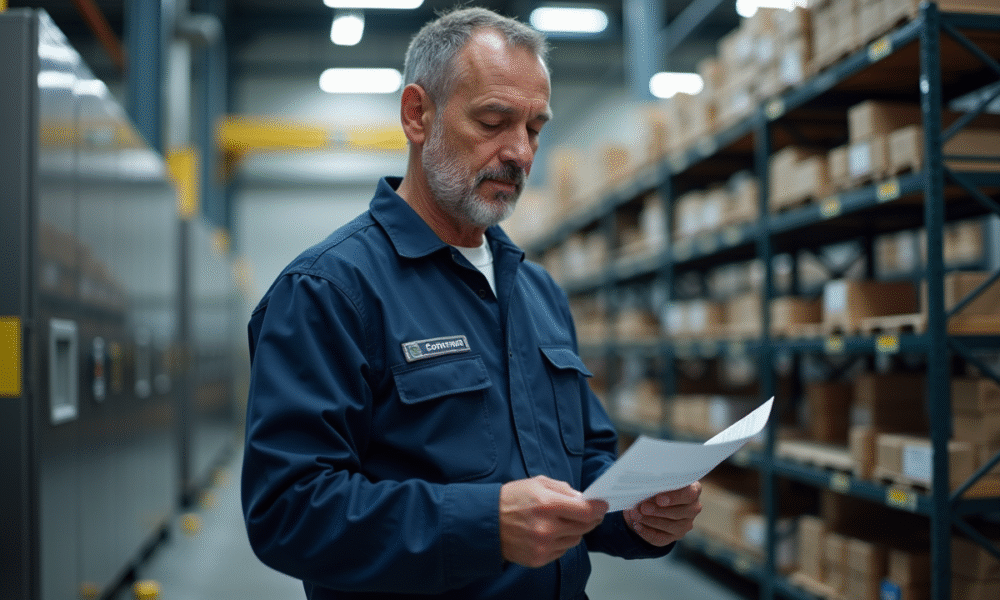 Homme en tenue de sécurité industrielle examine un document