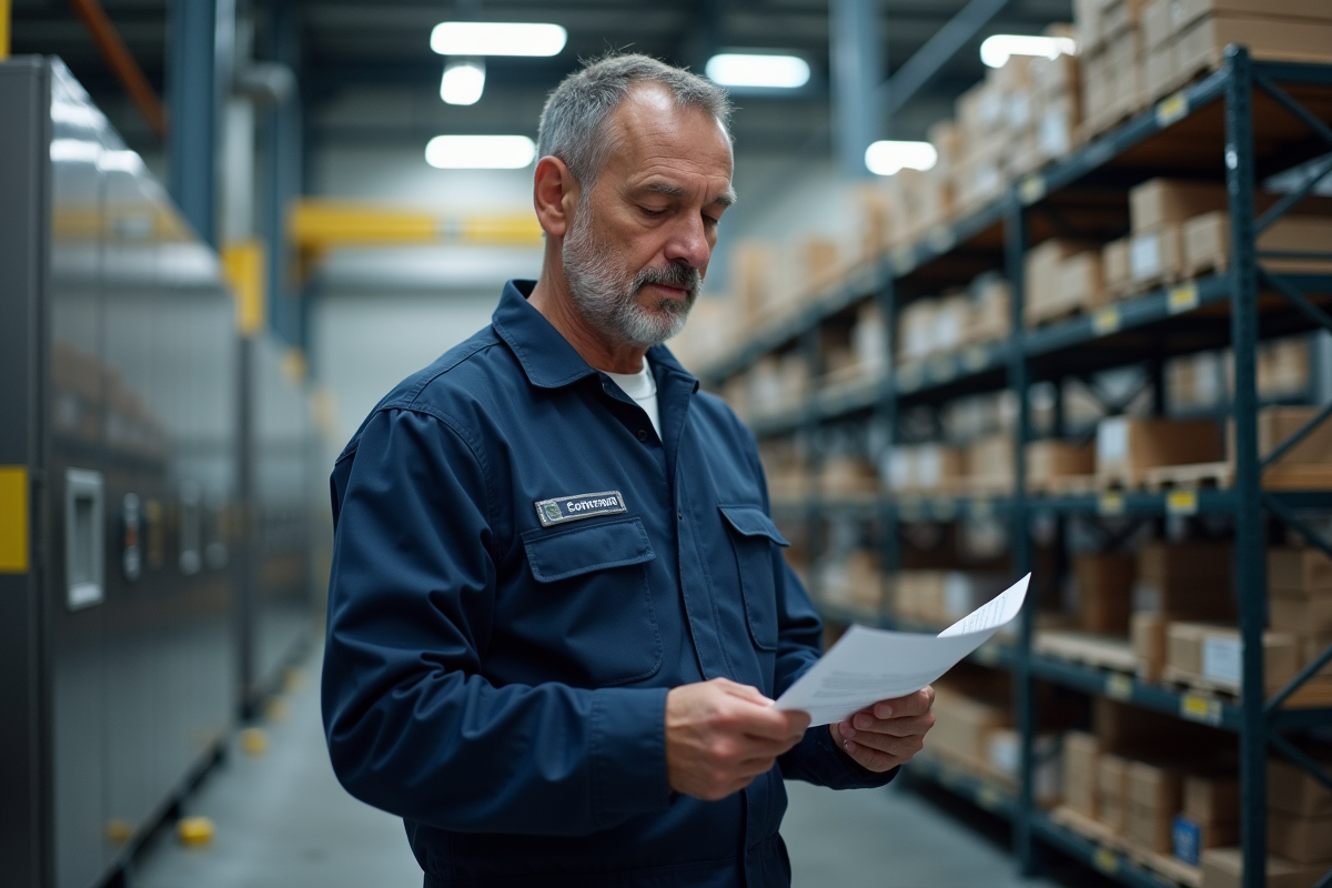 Homme en tenue de sécurité industrielle examine un document