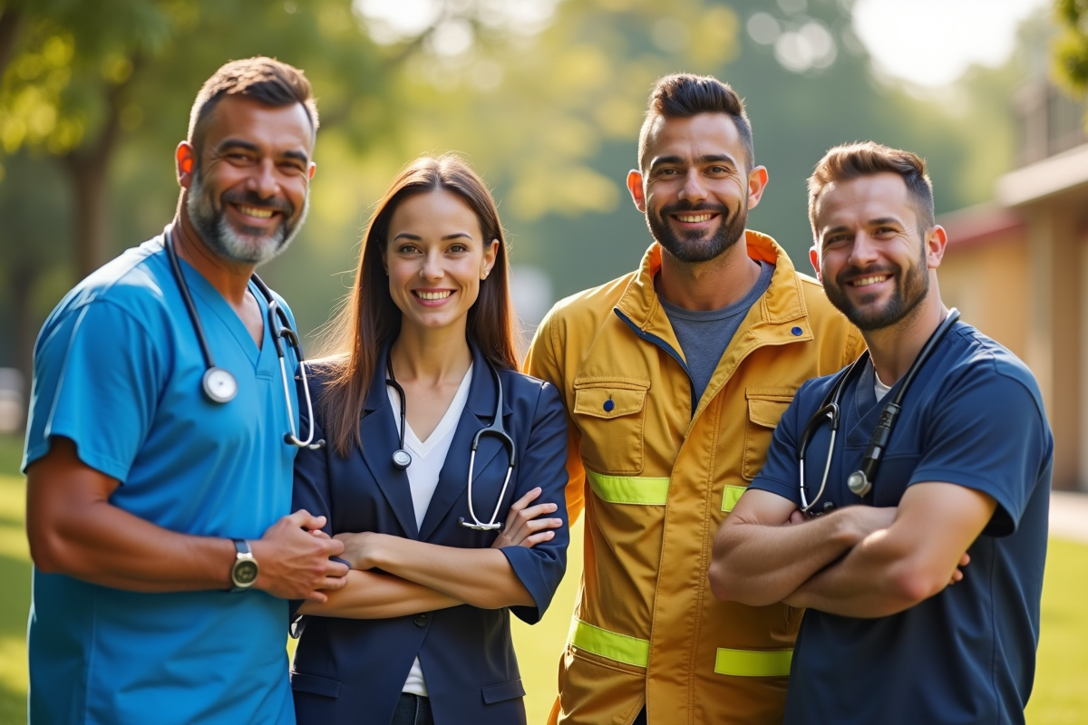Groupe de professionnels divers en extérieur symbole d'unite
