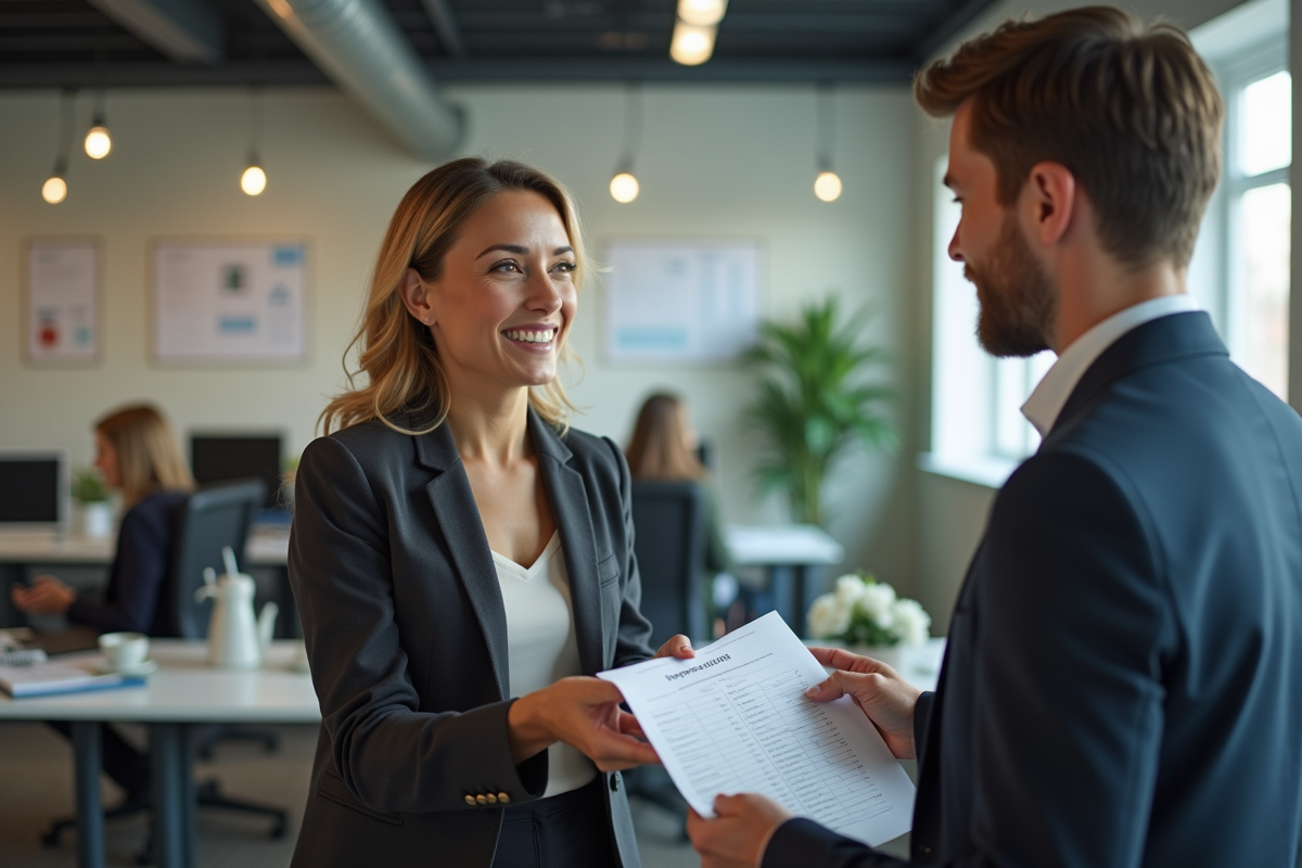Manager RH donnant un questionnaire à un employé dans un bureau