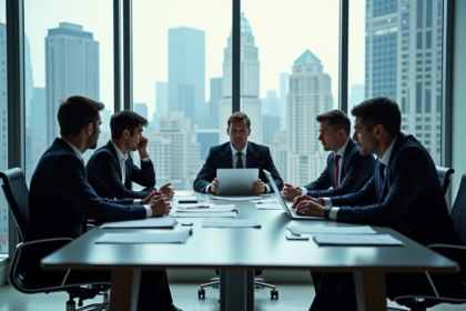 Groupe de professionnels en réunion tense dans un bureau moderne