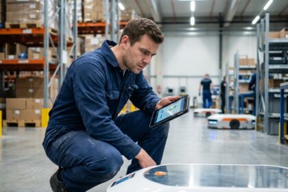 Technicien en uniforme calibrant un robot industriel moderne