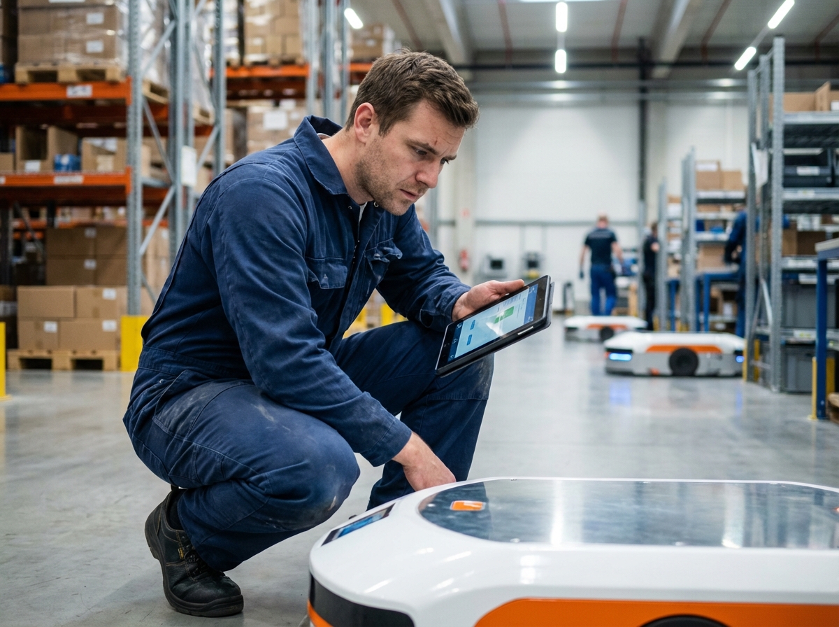 Technicien en uniforme calibrant un robot industriel moderne