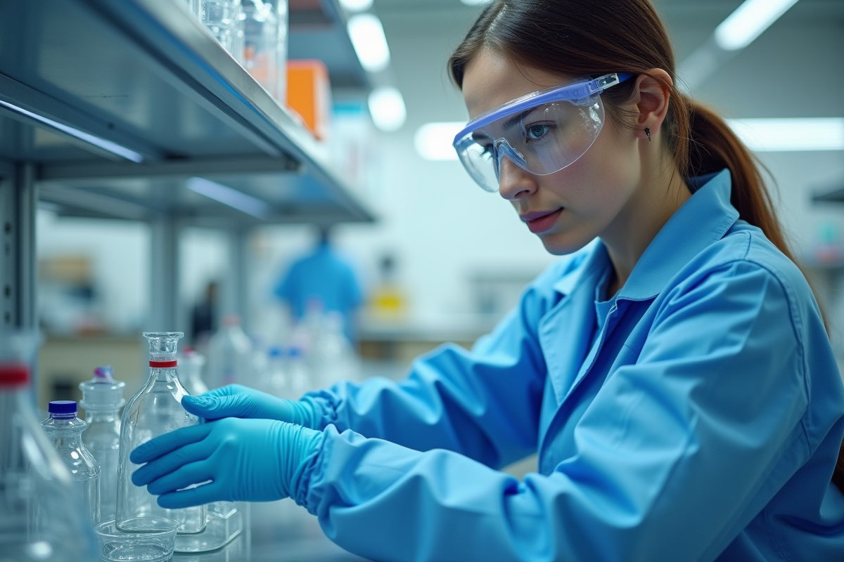 Technicienne de laboratoire manipulant du verre